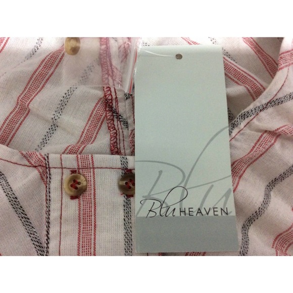 BluHeaven Umgee Women's L Red White Black Stripe Top Bishop Sleeve Button Down - Picture 6 of 9